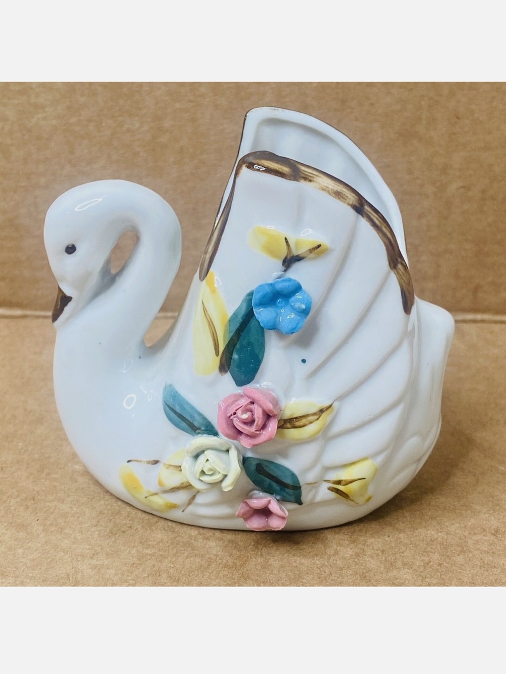 White Porcelain Swan Planter with Pastel Floral Accents